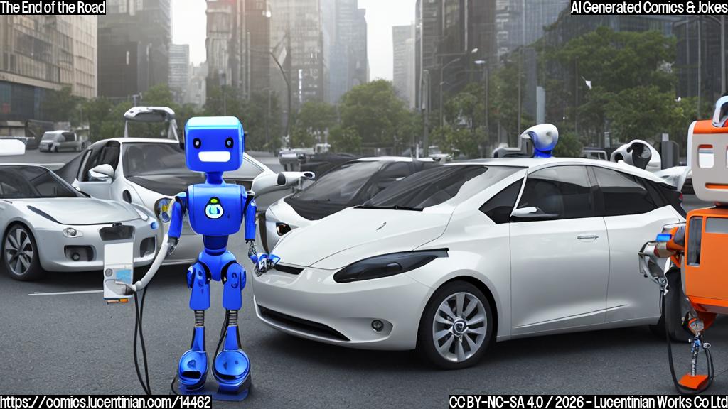 A smiling robot with a speech bubble, standing in front of a city street with a few electric cars parked in the background. The robot should have a puzzled expression on its face.