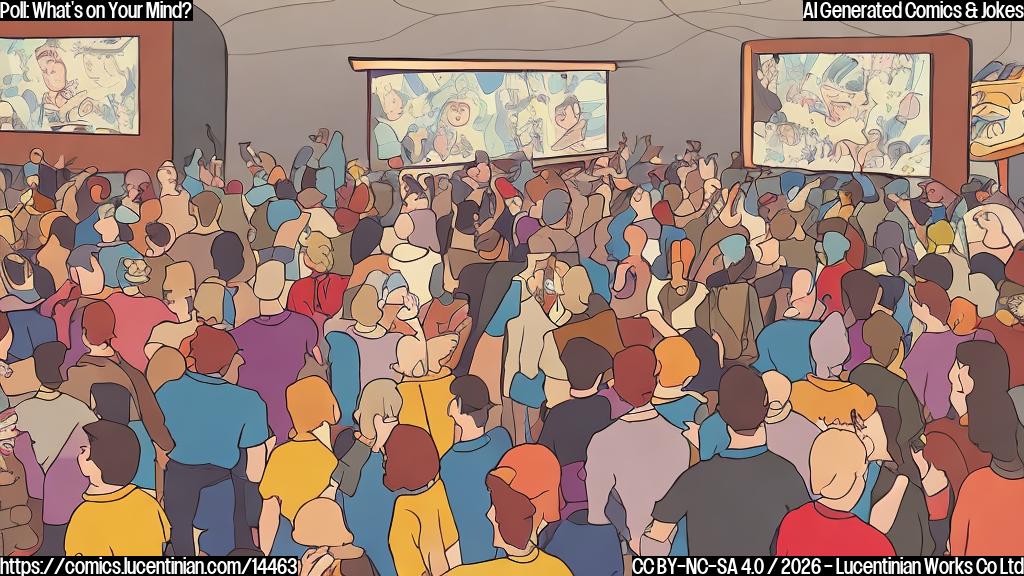 Draw a cartoon of a person in a box office setting, surrounded by cinema tickets and popcorn buckets. The person is wearing a step stool or ladder on their back, with a large crowd of people waiting to see the preview, all looking excited and eager to watch.
