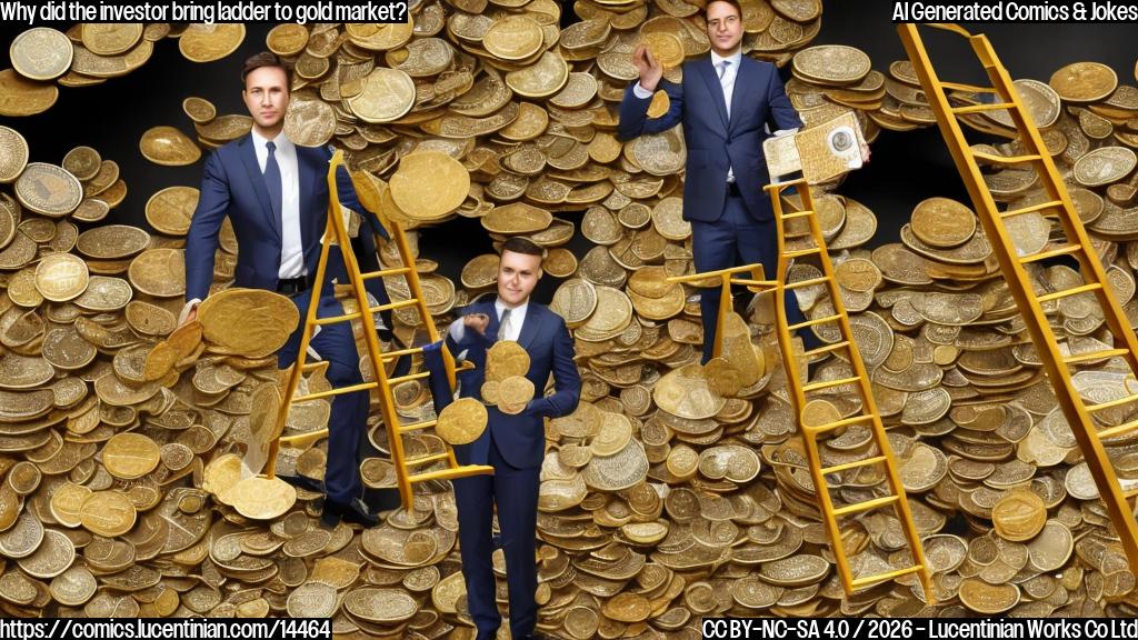 A golden ladder leaning against a pile of coins and a person in a suit with a briefcase standing next to it, both looking upwards towards the top of the ladder.