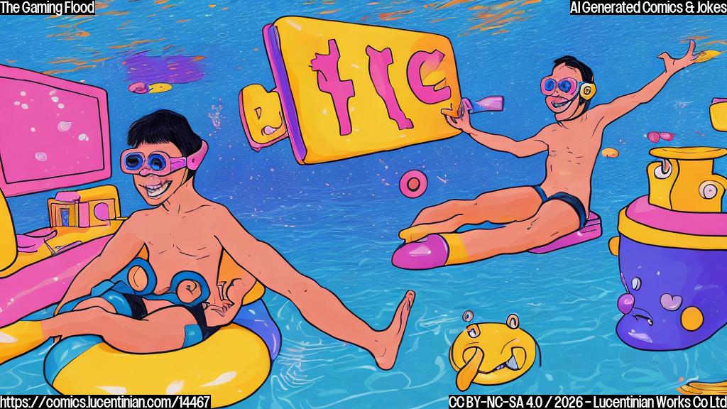 Plain color cartoon style. A young, enthusiastic person, depicted with simple features and a wide smile, is sitting on a basic sofa. They are wearing brightly colored swim flippers on their feet and a snorkel mask on their head. In front of them, a plain television screen displays a generic 'LIVE STREAM' logo. The floor of the room is covered in a rising 'flood' of light blue water, from which numerous generic, simple rectangular video game cartridges and circular discs, depicted as solid colored shapes, are floating upwards. The background walls are solid, plain colors. The overall image has thick, clean outlines and flat, bold colors.