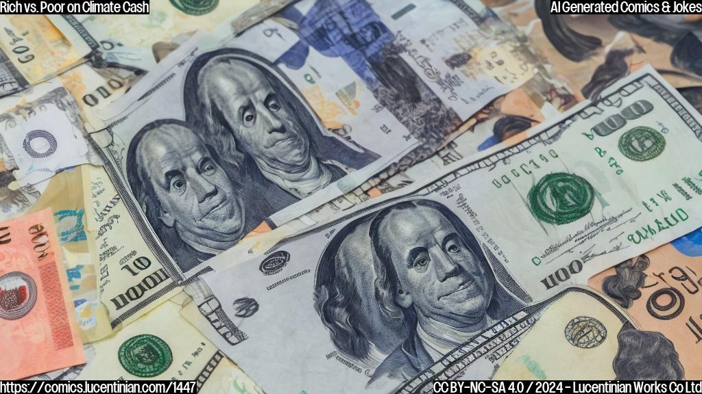 A group of wealthy countries holding a small handful of money next to a large, overflowing pile of cash. The wealthy country representatives are smiling and looking satisfied with themselves, while the poor country representatives look disappointed and frustrated in the background.