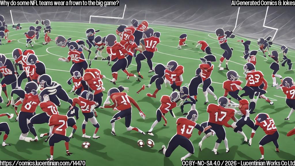 A cartoon of a football field with a frowning coach in the center, surrounded by defeated players and a defensive line that looks like it's being tackled by its own players. The coach should have a hopeful expression on its face, holding a football with a "good luck" charm attached to it.