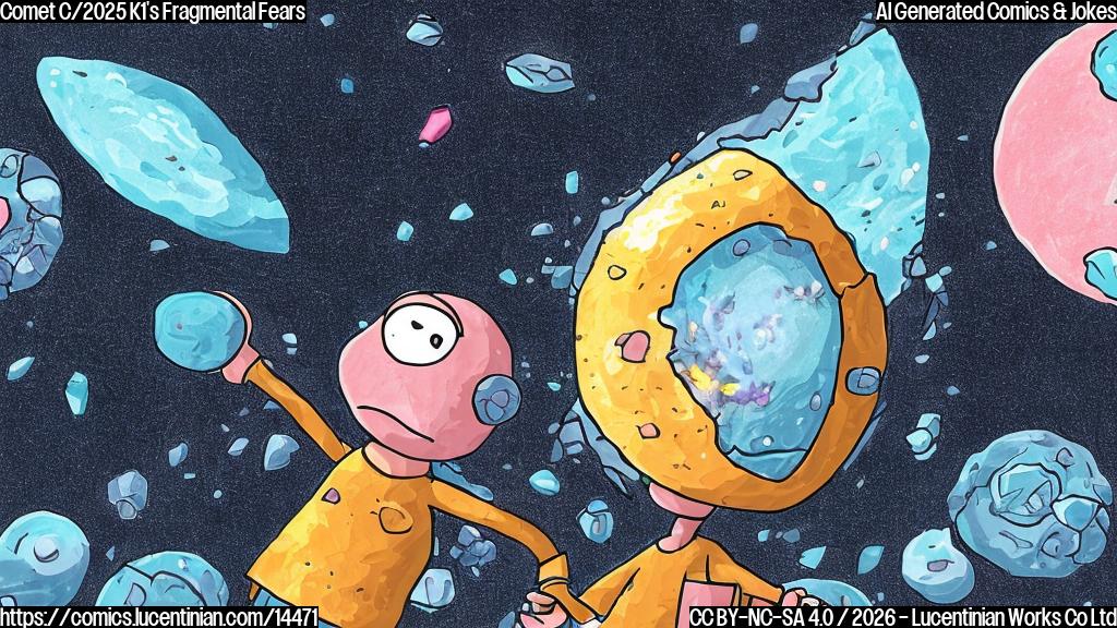 Draw a cartoon of a smiling, fragmented comet piece with a therapist (a small, stylized figure) sitting next to it, both surrounded by shattered comet pieces in the background. The fragmented comet piece should have a worried expression, while the therapist has a calm and encouraging demeanor.