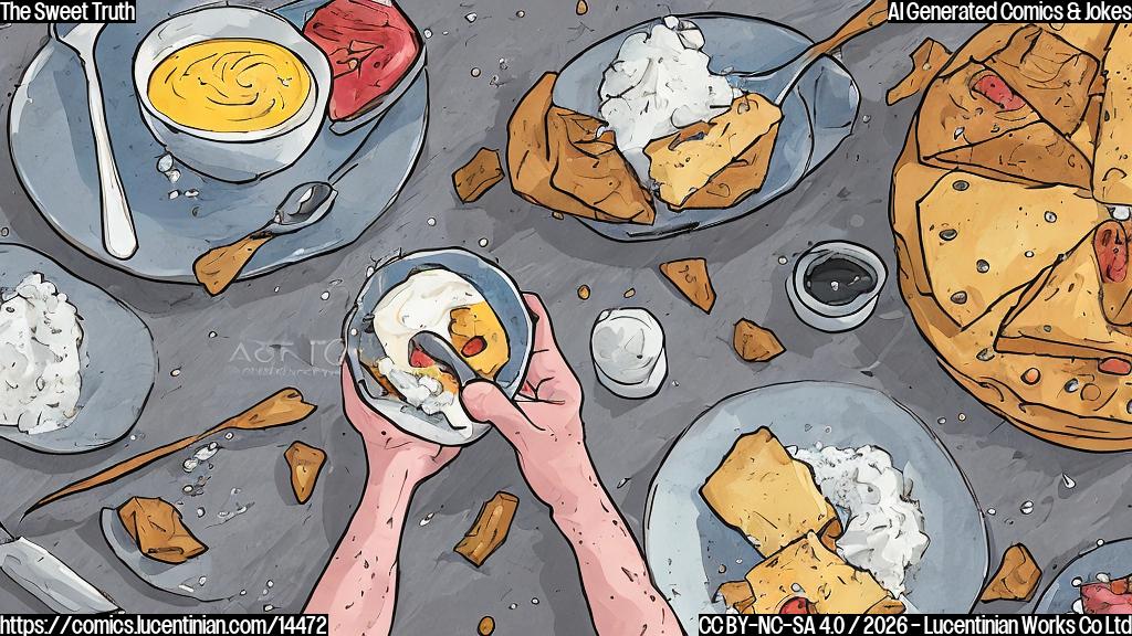 Illustrate a cartoon of a sad-looking person with a spoon in their hand, surrounded by empty packets of artificial sweetener, with a faint image of a full plate of food in the background.