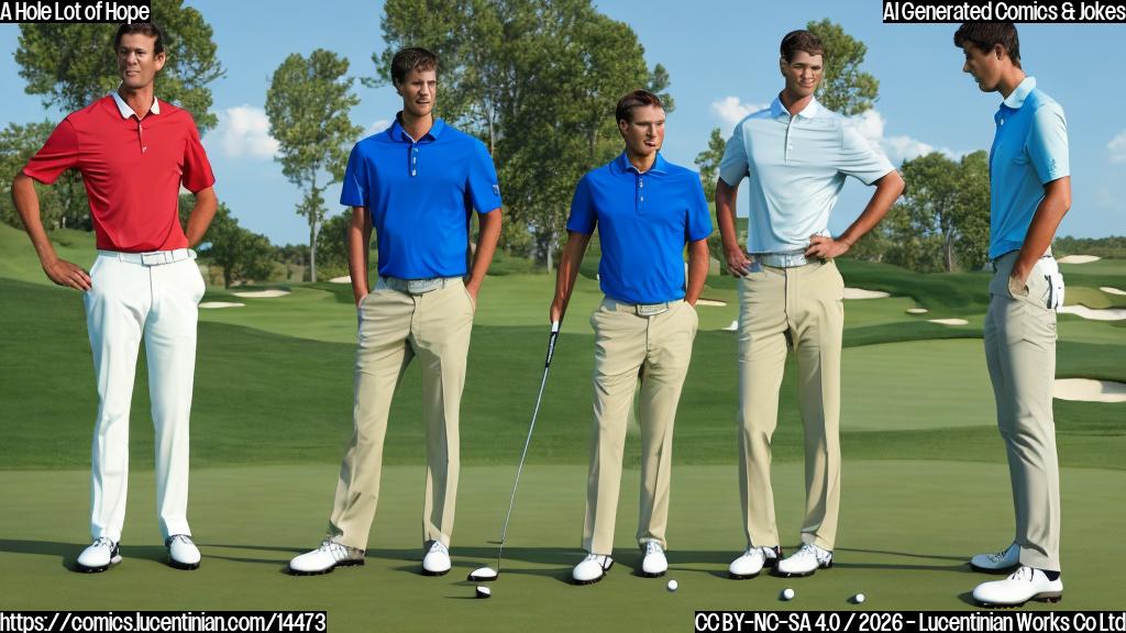 A plain color cartoon style image. In the foreground, a tall, determined-looking male golfer, wearing a blue polo shirt and beige pants, stands on a bright green golf course, holding a golf club. He has a slightly surprised or disappointed expression. In the mid-ground, a few other cartoon golfers, dressed in various plain colored golf outfits, are looking towards the first golfer with expressions of newfound hope and slight amusement. A flagstick is visible in the distance on the course under a clear blue sky.