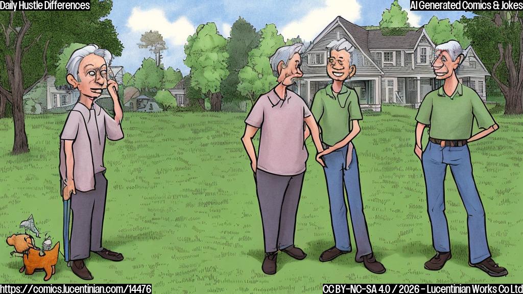 A plain color cartoon depicting two neighbors in a suburban setting. On the left, an older person with short, neat grey hair, wearing a plain collared shirt and khaki pants, stands next to a perfectly manicured bright green lawn. They have a slightly bewildered expression and are scratching their head. On the right, a younger person with slightly messy dark hair, wearing a simple t-shirt and casual pants, lounges comfortably in an outdoor chair. They have small, white wireless earbuds in their ears and a relaxed, content smile. The background is a simple suburban street with two houses.