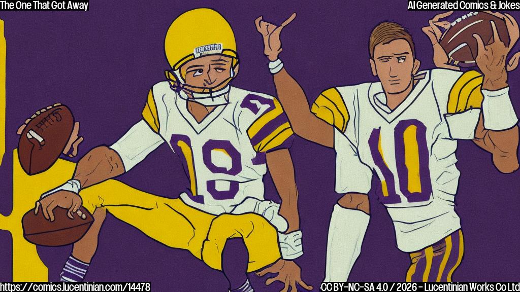 A plain color cartoon style. A sad-looking, very tall, athletic football wide receiver, wearing a generic purple and gold uniform, sits dejectedly on a simple, minimalist couch. He holds a TV remote. On the flat-screen TV in front of him, a different, strong-armed football quarterback, wearing a generic red and white uniform, is depicted in a triumphant pose, celebrating a touchdown. The background behind the receiver is minimalistic and plain.