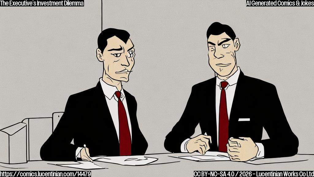 A plain color cartoon of a well-dressed male executive in a dark suit and tie, sitting at a desk. He has a very worried and confused expression on his face, with eyebrows furrowed and a slightly open mouth as if muttering to himself. In front of him, on the desk, is a simple, abstract graph with extremely volatile, unpredictable lines going up and down sharply, symbolizing market uncertainty. The background is a plain, solid, light grey color. The overall style is simple, clean, and humorous.
