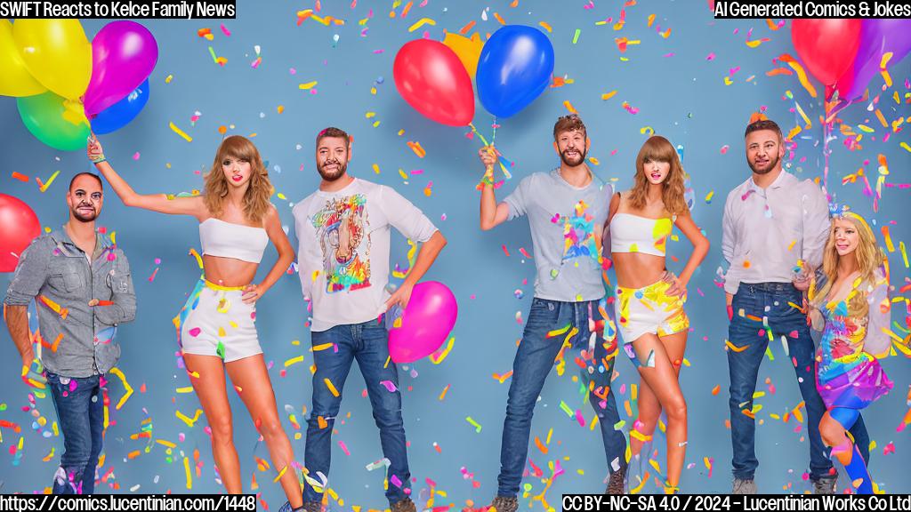 Draw a cartoon of Taylor Swift holding a ladder with Jason and Kylie Kelce standing next to it, all smiling and looking up at the ladder. The background is a colorful party scene with balloons and confetti.