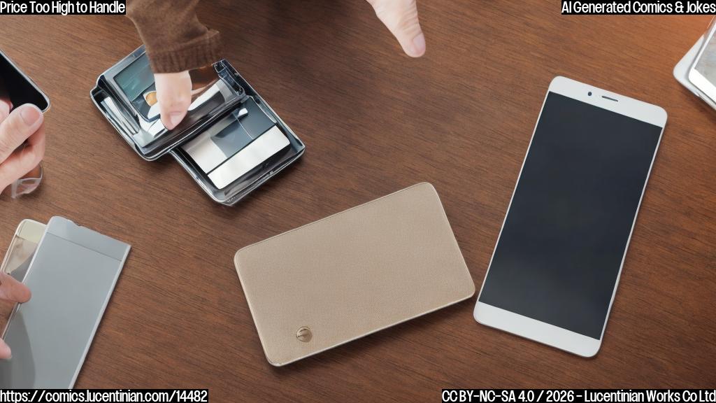 A large, sleek smartphone with three folding screens and a metallic body lies flat on a table, with a puzzled expression on its screen. The camera lens is pointing at a person in the distance, who is holding their wallet and looking disappointed.