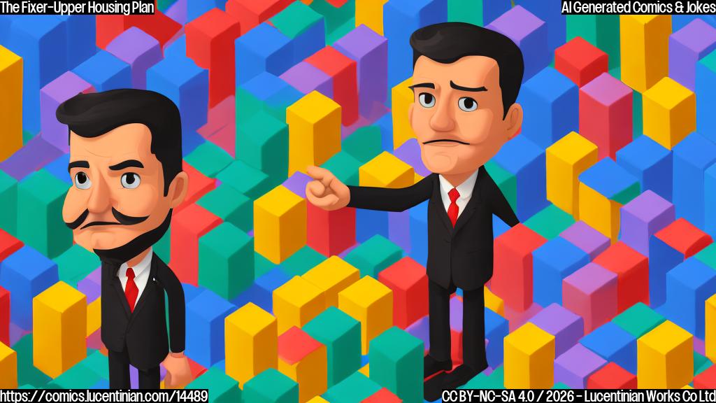 A plain color cartoon style image. A stout male political figure, with a unique, swept-back hairstyle and wearing a formal suit, gestures with a look of dismay. Beside him, a small, toy-like house made of brightly colored, unstable-looking blocks is visibly toppling over, with a few blocks already on the ground. The background is a simple, solid color.