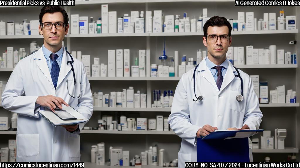 A stern-looking doctor with a clipboard, wearing a white lab coat and standing in front of a medical chart filled with various drugs and vaccines. The background is a dimly lit room with faint blue lighting. The doctor has a serious expression on their face, as if they are about to administer a shot to the viewer.