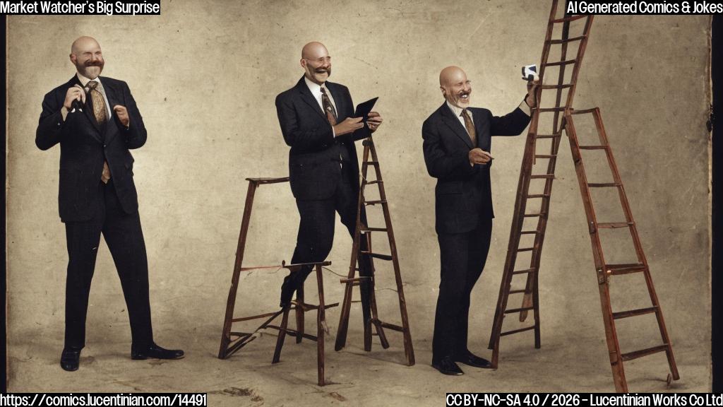 A bald, middle-aged man standing at the base of a ladder, holding a chart on his phone and smiling; A bearded, older man wearing a suit, looking surprised and holding a ladder in his hand.
