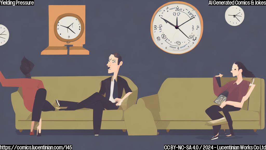 A cartoon-style image of a person sitting on a therapist's couch, with a worried expression. The person is surrounded by financial charts and graphs, with one chart showing a steep upward trend and another showing a sharp decline. In the background, there's a large clock ticking away, with an oil can and a yield sign nearby.