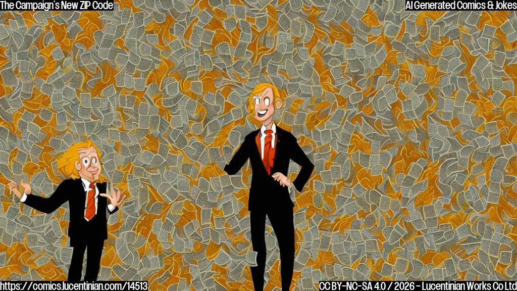 A plain color cartoon style. A stout, older man with a distinctive orange-hued complexion and slightly disheveled golden hair, wearing a dark suit and a long red tie, stands comically overwhelmed by an enormous, overflowing pile of cash and stacks of gold coins that reach almost to the ceiling in a vast, otherwise empty room. The money is so abundant it seems to be spilling out of sight. He has a wide-eyed, surprised expression. The background is a simple, solid color.