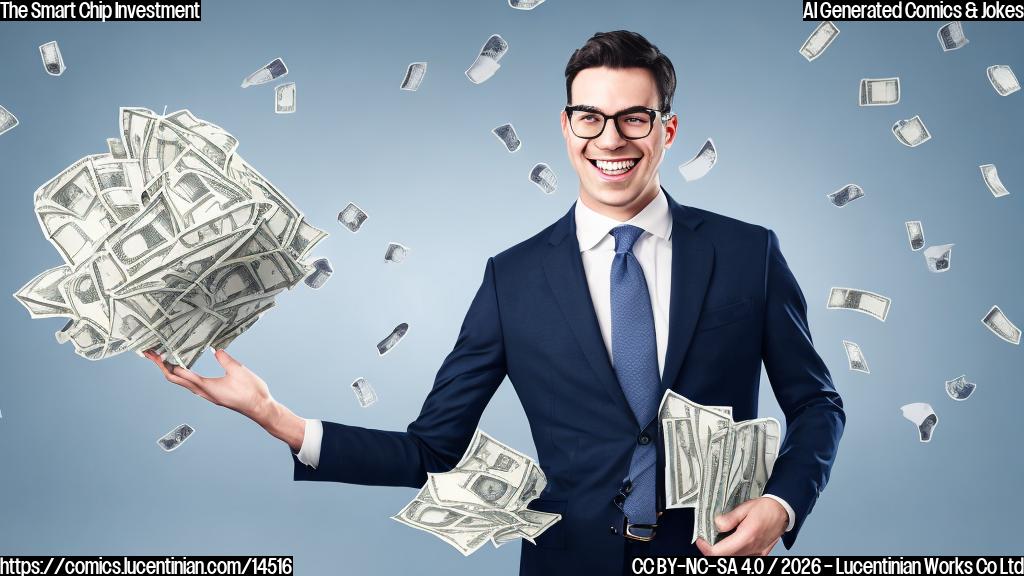 A smiling business executive, a man in a crisp suit and tie, is enthusiastically holding up a gigantic, overflowing money bag. Next to him, a sleek, stylized robot with glowing eyes is 'thinking' intently, with a small lightbulb appearing above its head. The background is a plain, solid color. The style is a simple, plain color cartoon.