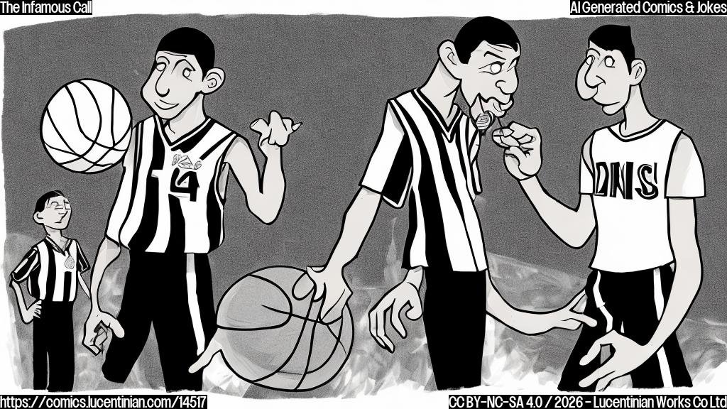 A simple, plain color cartoon illustration. The scene is a basketball court. A tall, slender referee figure, wearing a classic black-and-white striped shirt and black pants, with a whistle on a lanyard, stands with arms outstretched in a 'call' gesture. His expression is slightly bewildered yet firm. Opposite him, a basketball player in a solid blue jersey with white trim, dark shorts, and athletic shoes, stands with hands on hips, looking directly at the referee with an exaggerated expression of disbelief and exasperation. In the background, a basketball hoop with its net is depicted, and a small, thought-bubble style visual element emerges from the top of the hoop, containing a question mark and exclamation mark ("?!") indicating confusion or protest. The court lines are visible. Colors are flat and solid, without gradients or complex shading, similar to classic animation cells.