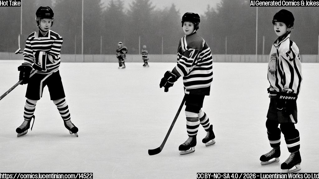 Describe a cartoon-style picture of a young hockey player (with a hat and stick) wearing a light jacket, standing in front of a large, empty stadium with a few spectators in the background. The sun is shining, and there's a slight mist effect around the player to convey a sense of coldness.