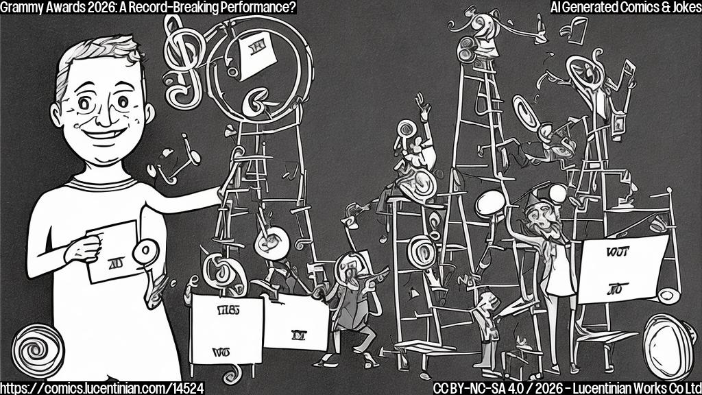 Illustrate a plain color cartoon style picture of a person holding a large voting ballot with a ladder in the background, both are surrounded by musical notes and Grammy trophies.