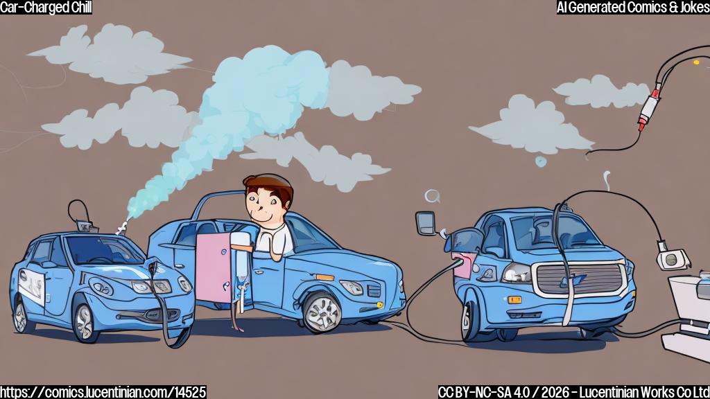 a cartoon of a car's USB port being used to charge a small refrigerator and a portable humidifier simultaneously, both with sad expressions on their faces