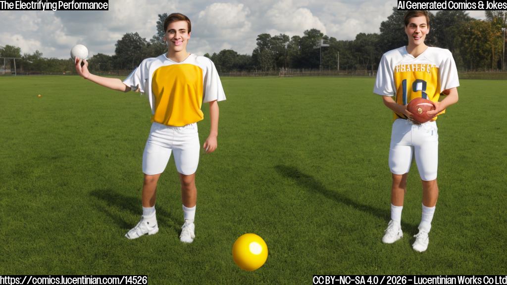 A plain color cartoon depicting a jubilant, athletic young man with short, tidy hair, wearing a generic light-colored sports uniform with a simple number. He is holding a brown oval-shaped ball and is visibly radiating bright, yellow-white light or glowing intensely. He stands confidently on a flat green field. In the background, several other generic athletic figures, also in plain sports uniforms, are looking towards him with expressions of awe and slight squinting, as if overwhelmed by his brilliance. The style is simple, clean lines, plain colors, and minimal background details.