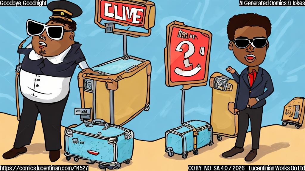 Draw a cartoon of an alarm clock with a worried expression, wearing a pair of sunglasses and holding a ' Departure' sign, next to Kenan Thompson, who is sitting on the edge of his bed with a tired face and a suitcase in front of him. Both have a comedic tone and exaggerated reactions.