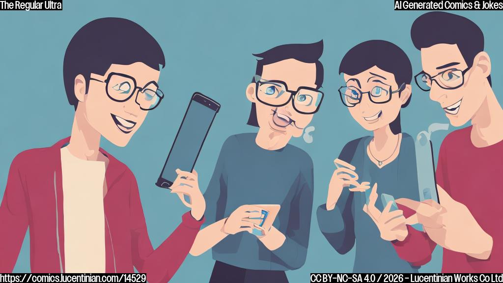 Plain color cartoon style. Two generic adult figures in simple clothes are talking. One figure, with a puzzled expression, holds up a sleek, modern smartphone. The other figure, with a knowing smirk, points at the phone's transparent back, which clearly shows a surprisingly small, regular-sized power cell inside, contrasting with the phone's "ultra" appearance. Minimal background, clean lines, solid colors.