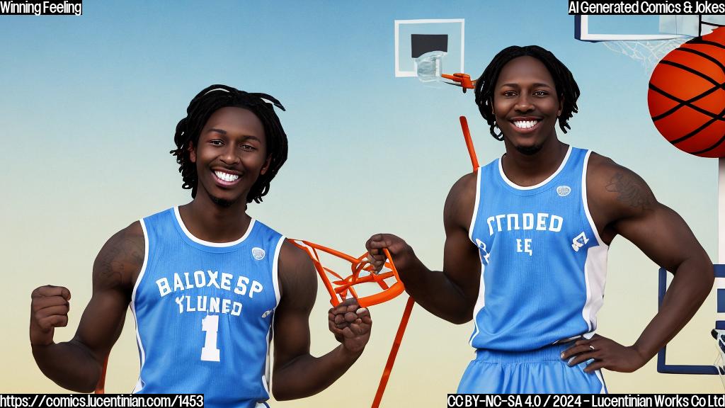 A cartoon-style image of a person (Tyrese Maxey) holding a ladder and standing in front of a basketball hoop, with a confident smile on his face. The background should be a simple, gradient blue sky with a few white clouds.