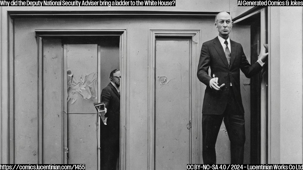 A humanoid figure with a stern expression, wearing a suit and tie, holding a small ladder in one hand and standing beside a large door with the words "National Security" etched into it. The figure is standing on a slight incline, as if looking up at the door.