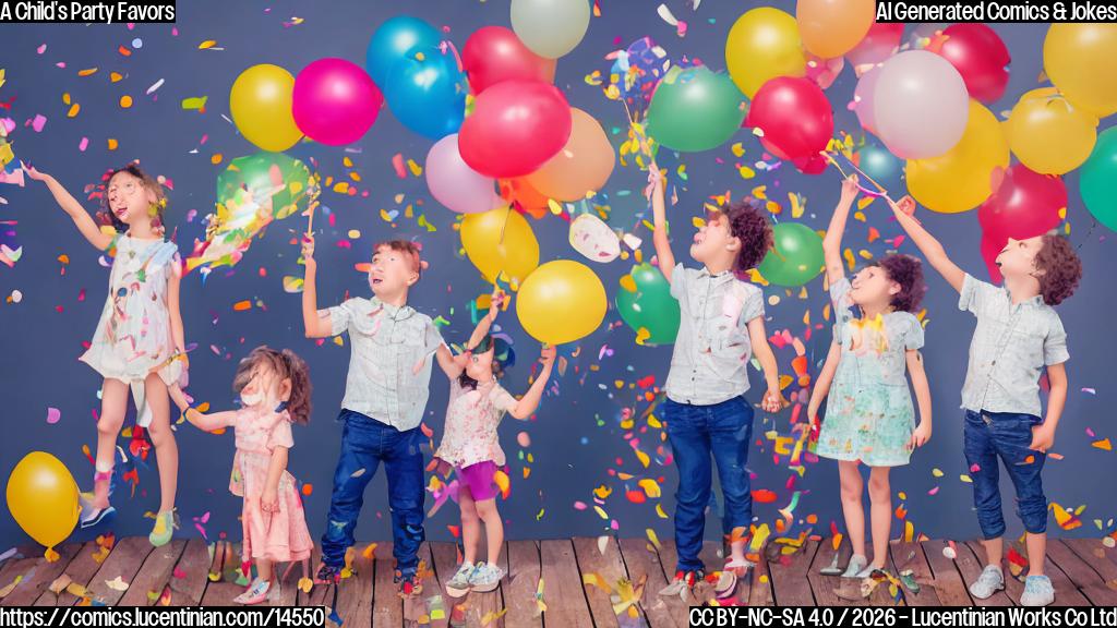 Draw a cartoon-style picture of two children, a boy and a girl, standing on a table or staircase with confetti and balloons in the background. The boy is holding a ladder, while the girl is looking up at him with excitement on her face.