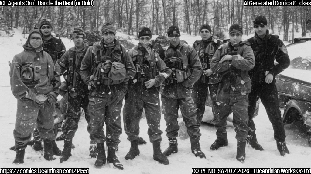 A group of clumsy, young men in paramilitary gear stand awkwardly on a frozen lake in Minnesota, wearing too much gear. One of them trips and falls into a nearby snowbank.