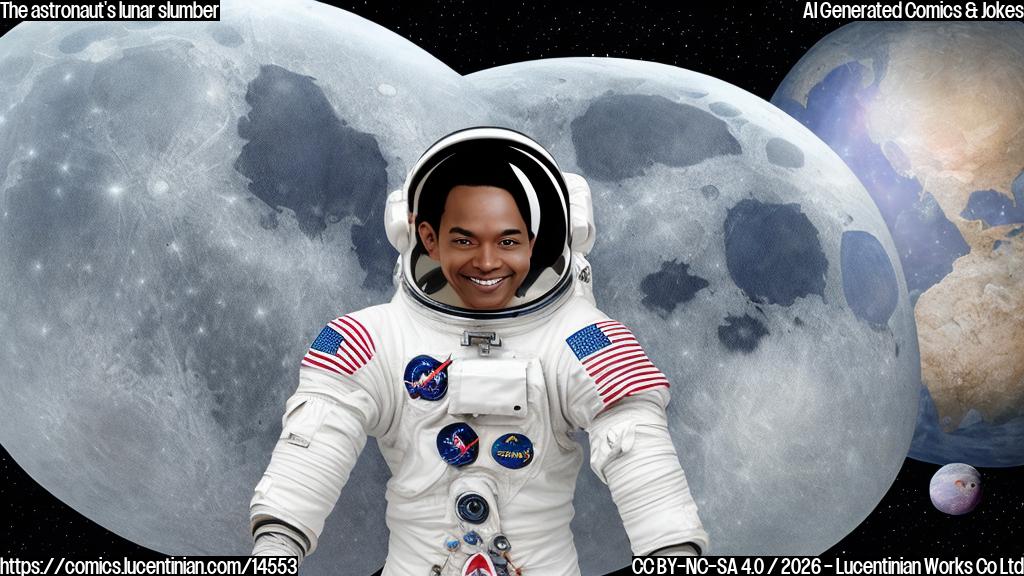 A cartoon-style image of an astronaut wearing a spacesuit, holding a pillow and floating in zero gravity near the moon. The pillow is shaped like the Earth, with stars and planets visible through its transparent surface. The astronaut has a peaceful expression on his face, as if he's about to take a nap.