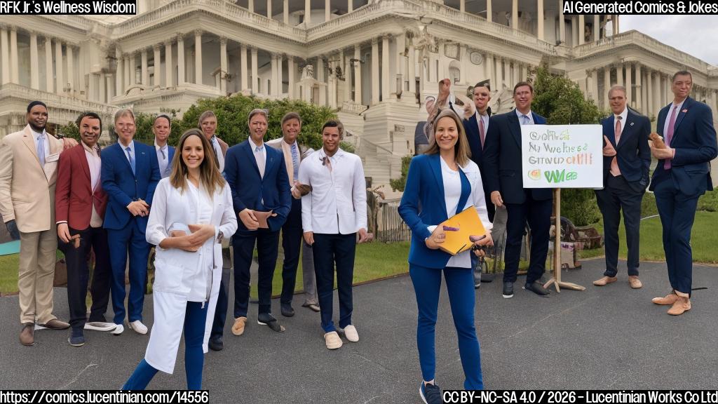a wellness guru with a briefcase and a friendly smile, surrounded by various health food options, standing in front of a Capitol Hill backdrop, while a group of Republican lawmakers look on with interest
