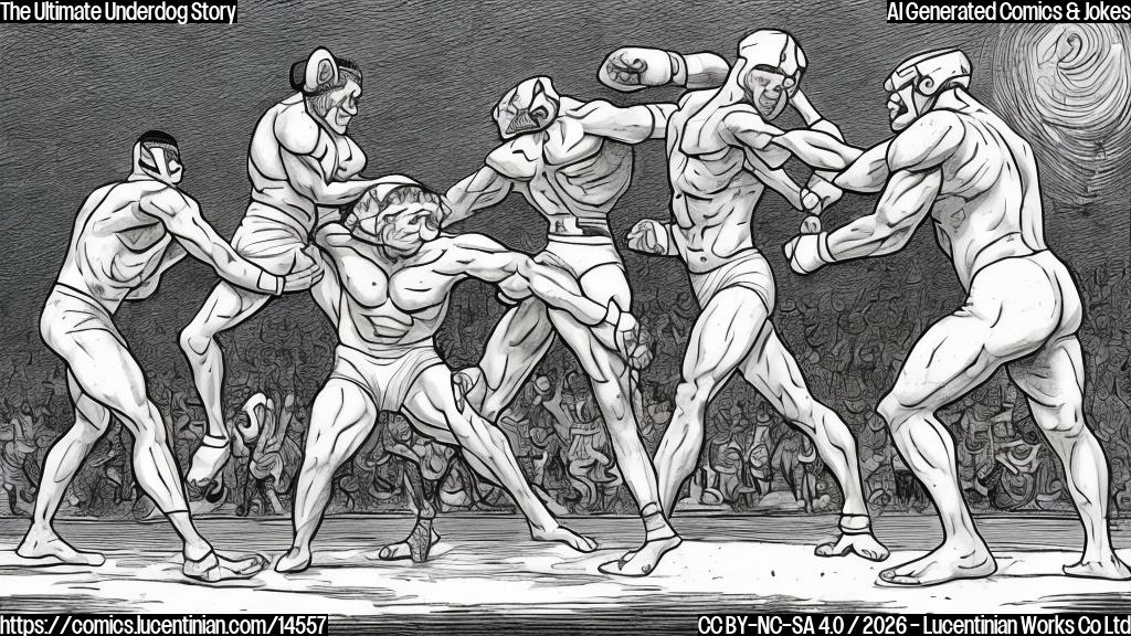 Draw a plain color cartoon style picture of two wrestlers, one with a worried look on their face and the other with a surprised expression, standing next to each other in the ring with Oba Femi at the bottom.