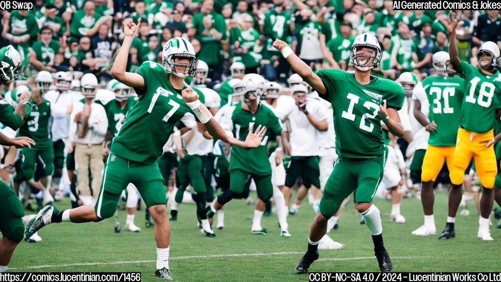 A confident, tall, football player with a big smile and a green jersey throwing a football in the air, surrounded by cheering crowds and teammates in matching green jerseys.