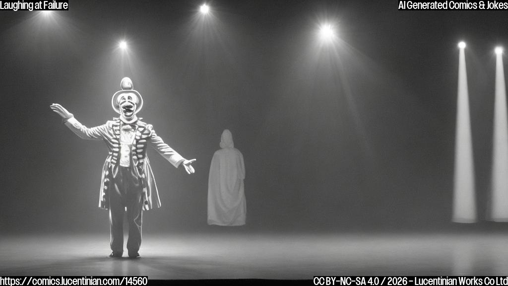 A clown stands alone on a dimly lit stage. The lights are set up in a way that makes it impossible for them to see the audience, who are seated in front of a large, dark curtain with only a few faint outlines visible from under it. A single spotlight shines down from above, casting an eerie glow on the clown's face and highlighting their nervous expression.