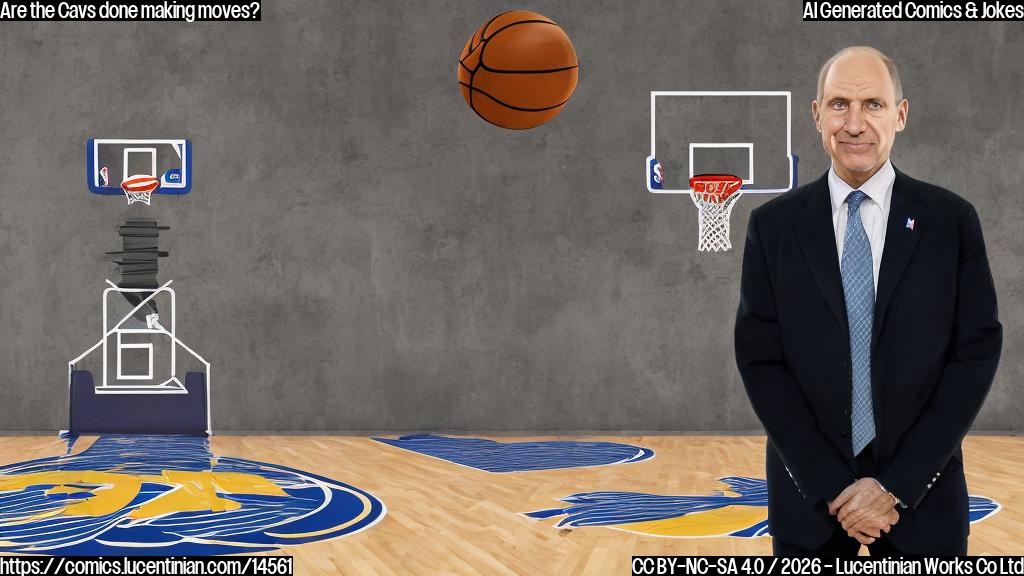 A large, cartoon-style image of an NBA team owner standing in front of a staircase, holding a ladder, with a basketball court in the background. The owner should be wearing a suit and tie, and have a determined expression on their face.