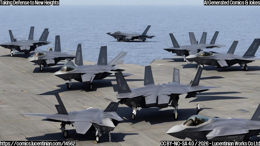 A group of F-35 jets standing in front of an aircraft carrier with a large ladder leaning against it, surrounded by military personnel and Patriot missile systems.
The F-35 jets are labeled as "Advanced Fighter Jets" and the USS Abraham Lincoln is labeled as "Aircraft Carrier Battle Group".