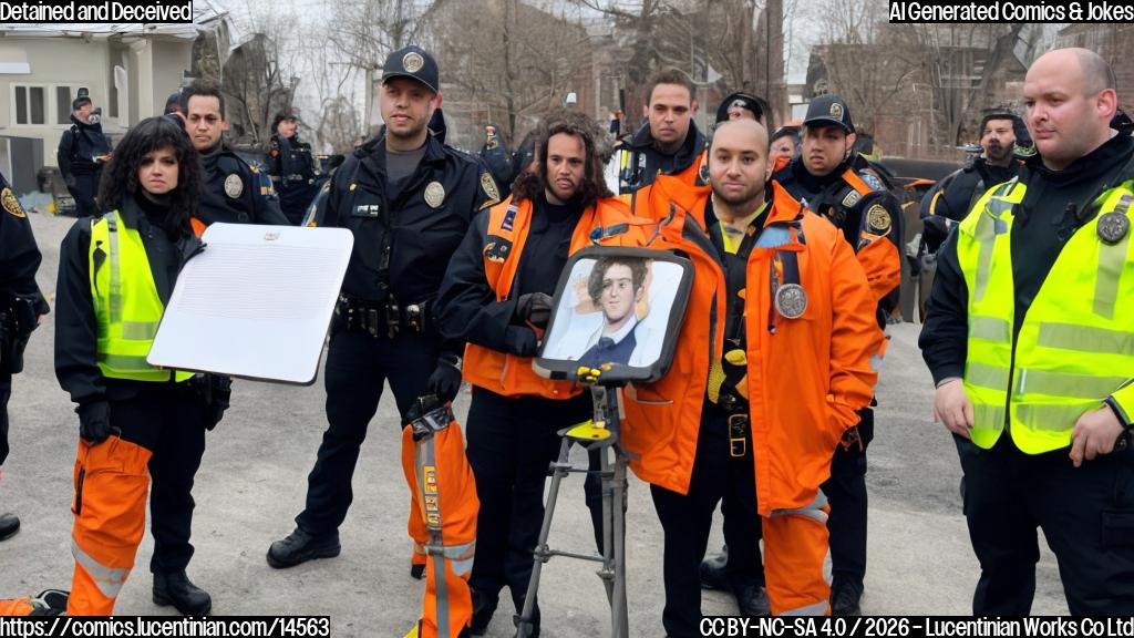 A person with curly brown hair, wearing a bright orange jacket and standing next to a ladder, surrounded by ICE officers in black uniforms and holding clipboards