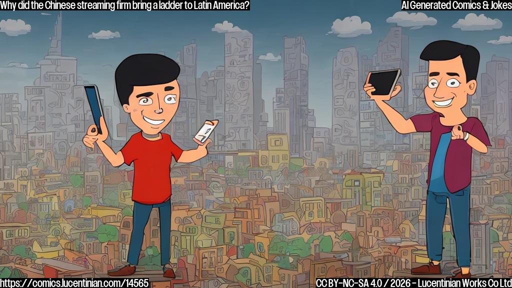A cartoon-style picture of a person holding a ladder, with a smartphone in one hand and a tablet in the other, standing in front of a cityscape with a mix of old and new buildings, representing Latin America's media landscape. The person is smiling and looking upwards, as if trying to reach a higher view.