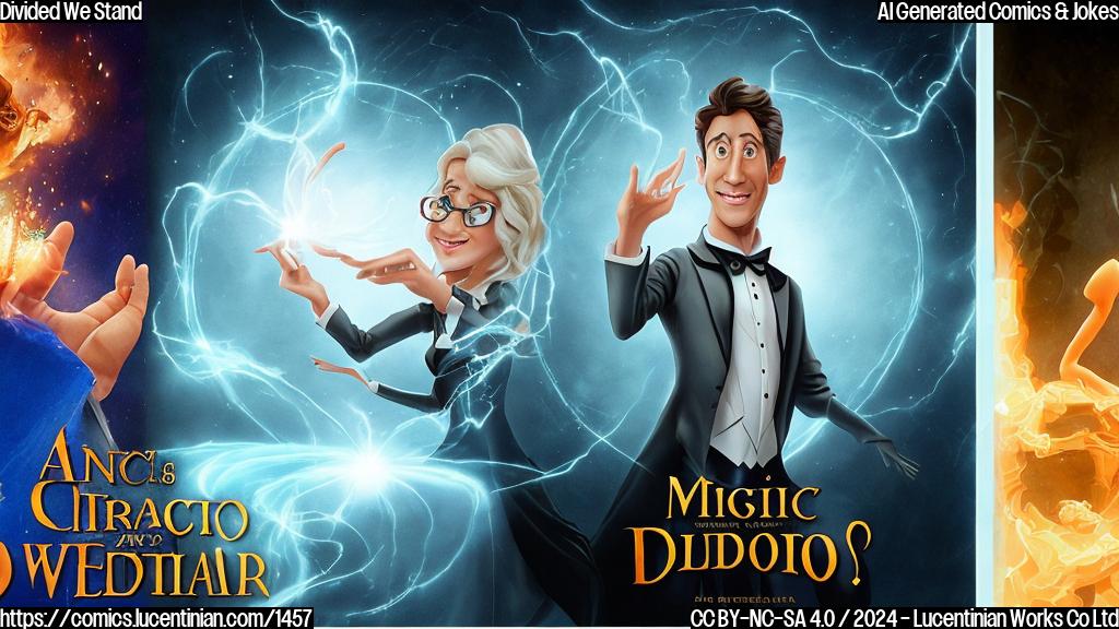 A film studio deciding to create two movies from one story, with a magician casting a spell on the box office. Cartoon style image of a movie producer waving a magic wand, with a split-screen background of a single book (representing the original story) being divided into two separate books. The two books have different titles and covers.