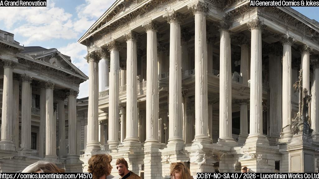 A plain color cartoon style image. In the background, a majestic, classical-style cultural building with large columns stands prominently. A large banner stretches across the front of the building, clearly stating "Closed for 2 Years - Starting July 4th!" In the foreground, a portly man with distinctive, slightly disheveled golden-blonde hair, dressed in a dark suit and a bright red tie, stands with a confident, slightly smug expression, gesturing emphatically towards the building. Next to him, partially visible, is a large, golden, exaggerated statue of himself, being craned into what would be the main entrance. Several simplified cartoon figures representing surprised onlookers are nearby, one with a hand on their chin, looking puzzled, another with wide eyes. The color palette is vibrant but flat, typical of plain color cartoons.