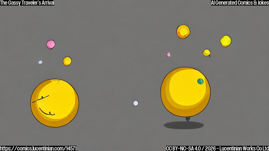 A plain color cartoon style. A spherical, cheerful, yellow gas molecule with simple, wide-eyed features, a small smile, and tiny arms, one arm gesturing excitedly upwards. It is standing next to a large, empty, grey shipping container that is slightly ajar, suggesting recent arrival. In the background, a very simple, minimalist outline of the North American continent in a muted green color. The overall scene is bright and suggests a new beginning. All colors are solid and without gradients.