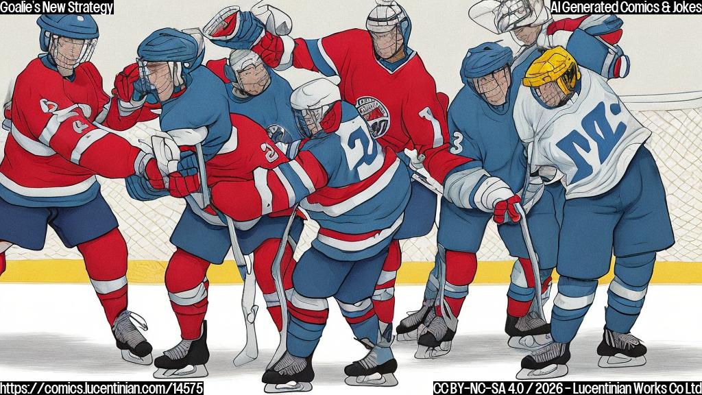 Plain color cartoon style illustration. Two large ice hockey goalies, one wearing general blue-colored protective gear including helmet, pads, and bulky gloves, and the other wearing general red-colored protective gear, are engaged in a comical fistfight on a pristine ice hockey rink. One goalie is mid-swing with an exaggerated, cartoony punch aimed at the other, who is slightly off-balance and reacting with mild surprise. Their hockey sticks lie abandoned on the ice nearby. The background features simple, plain colored depictions of arena walls and a suggestion of a distant, blurred crowd, all rendered in a flat, cartoon aesthetic.