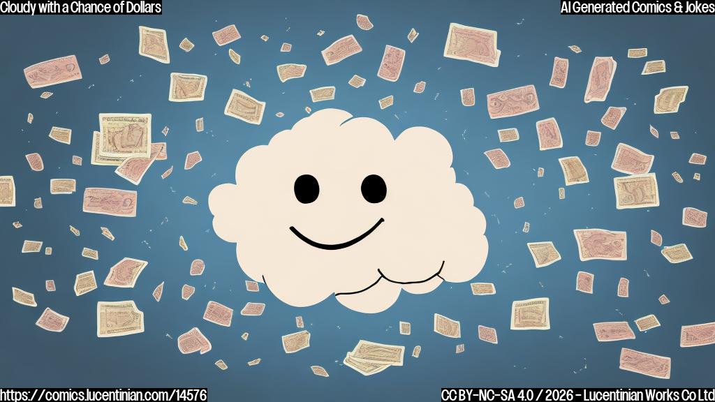 Generate an illustration of a smiling, cartoonish cloud with a wallet and a therapist in the background, surrounded by financial symbols and pixels. The cloud should have a few tears streaming down its face, indicating emotional baggage.