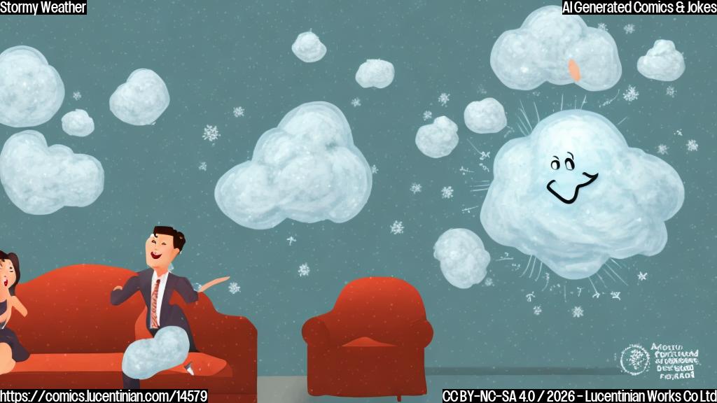A cartoon of a nor'easter storm cloud with a therapist's couch in the background, and a snowflake-shaped thought bubble coming out of the cloud's mouth with a mix of emotions, including sadness and happiness.