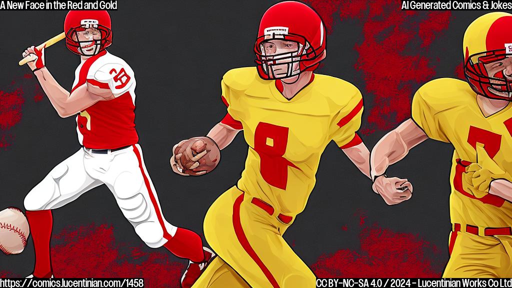 Draw a plain color cartoon style picture of a football player with a baseball bat, wearing red and gold colors, with a surprised expression on his face. The background should be a sunny yellow.