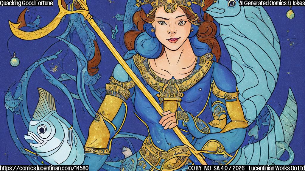 A cartoon-style illustration of a Pisces person wearing a crown and holding a fish-shaped scepter, with a regal expression on their face. The background is a soft, gradient blue color with gold accents.