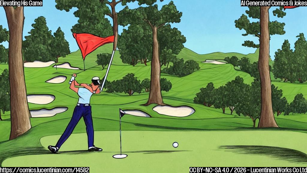 Draw a cartoon of a golfer standing in front of a green, with a ladder leaning against it behind them. The golfer is holding a golf club and has a determined look on their face. Include some simple golf balls and flags around the scene to set the context.