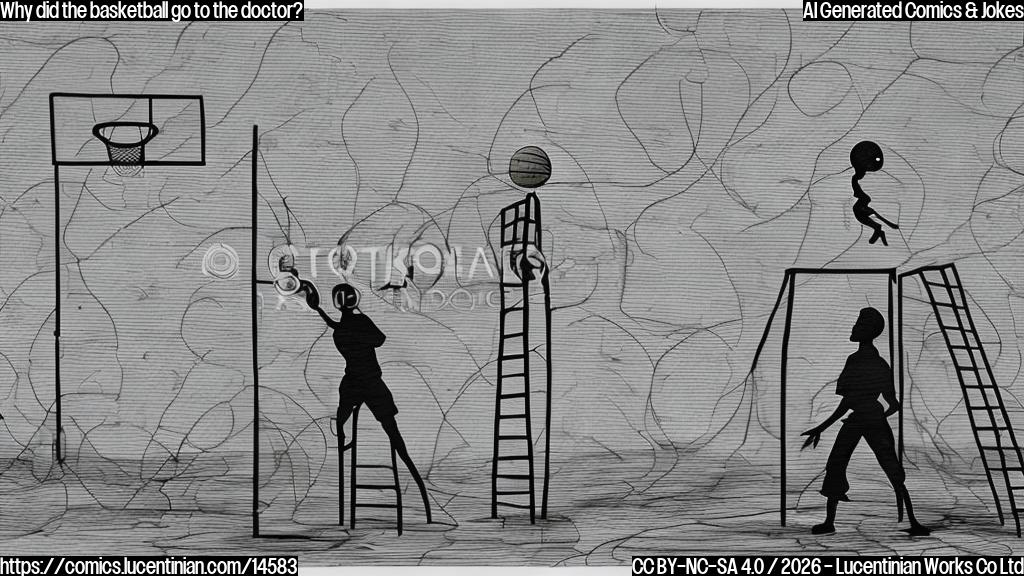 A cartoon of a point guard standing on top of a ladder, with a basketball in hand and a confident smile on his face, surrounded by the silhouette of a basketball court at night.